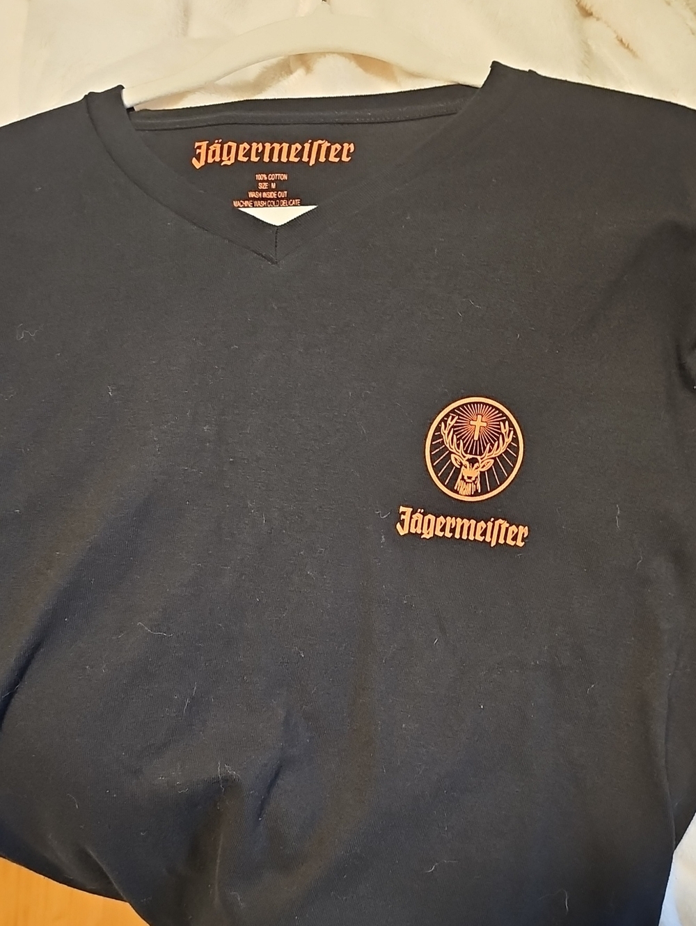 Jagermeister Black V Neck Tee with Orange Crest and Logo